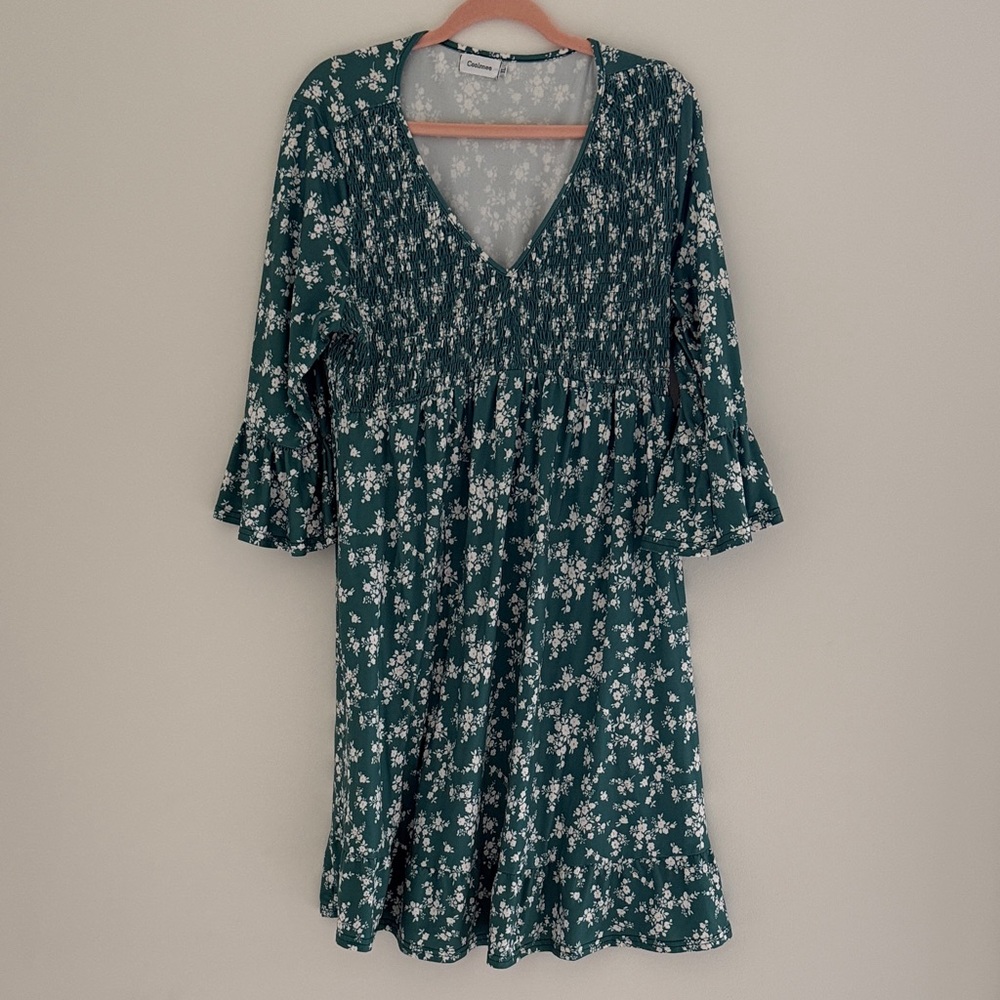 Floral Green Dress with Bell Sleeves
